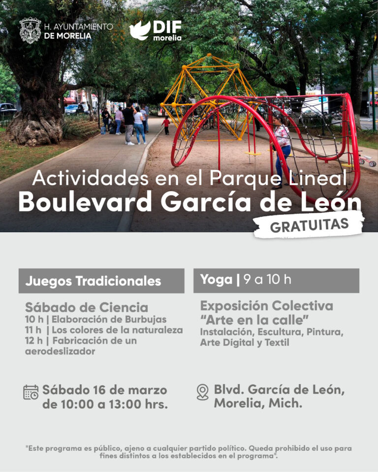 DIF Morelia invita a actividades culturales, educativas y recreativas en el Parque Lineal del Boulevard