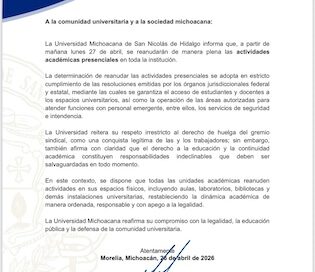 A la comunidad universitaria y a la sociedad michoacana: