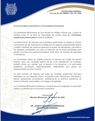 A la comunidad universitaria y a la sociedad michoacana: