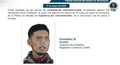 Fiscal confirma detención de presunto asesino de policía municipal de Morelia.