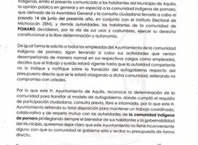 Ayuntamiento de Aquila reconoce decisión de Pomaro de transitar al autogobierno.