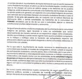 Ayuntamiento de Aquila reconoce decisión de Pomaro de transitar al autogobierno.